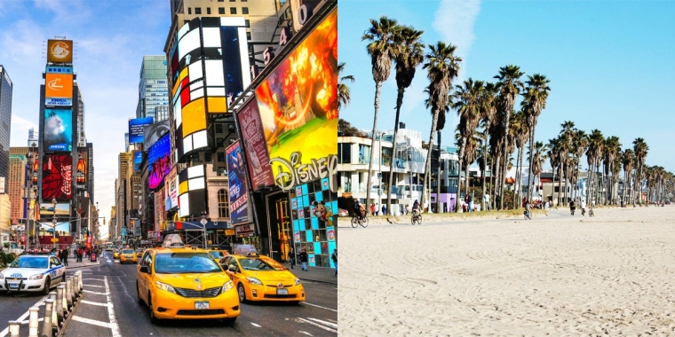 Image of Times Square on the left and beach in California on the right