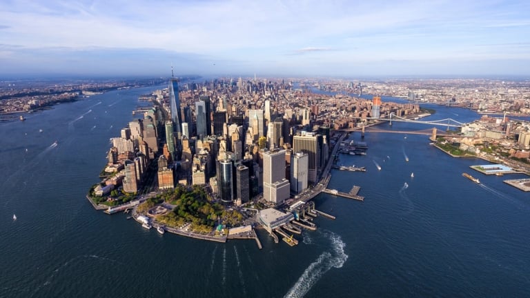 Aerial image of Lower Manhattan, NYC, East River, Hudson River, Manhattan