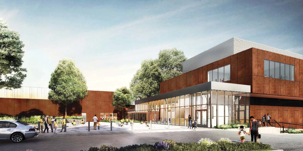 Rendering of Edenwald Recreation Center by Marvel Architects. Modern building with large windows and rust-colored exterior. People and children gather in the courtyard surrounded by trees. A car is parked nearby. The sky is clear and sunny.