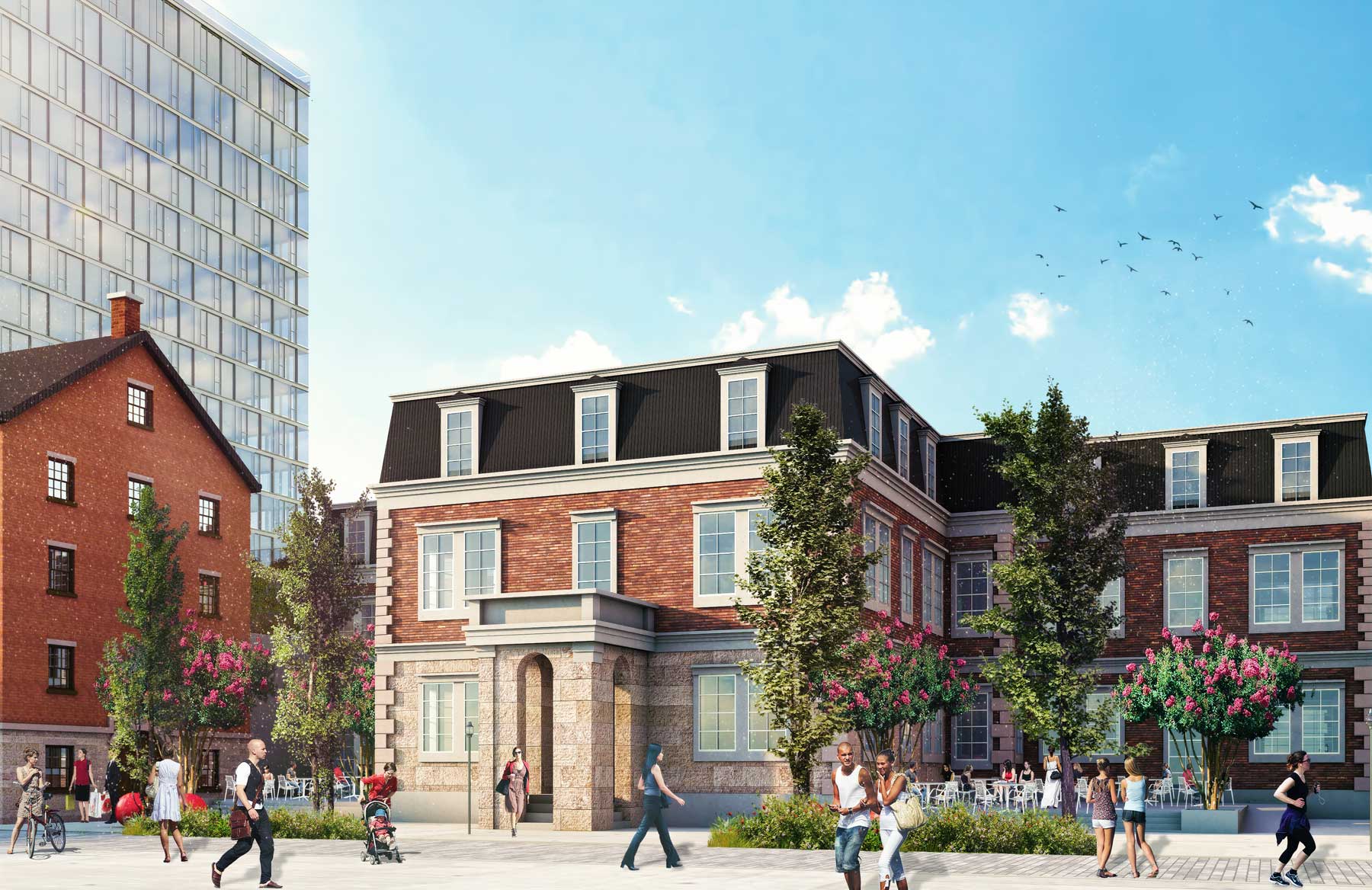 Lighthouse Point rendering by Triangle Equities. People walk and gather in a sunny plaza bordered by historic red-brick buildings with white trim and a modern glass high-rise in the background. Trees and flowering plants add greenery to the scene.