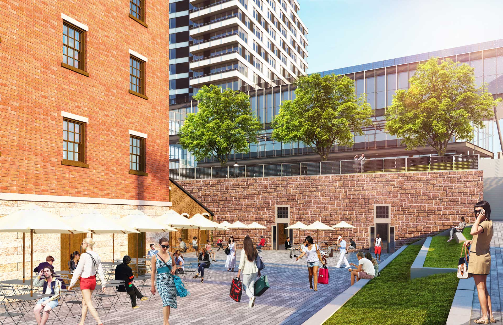 Lighthouse Point rendering by Triangle Equities. People walk, sit, and relax in a sunny urban courtyard with outdoor tables, umbrellas, and trees, surrounded by brick and modern glass buildings. Some carry shopping bags and take photos.