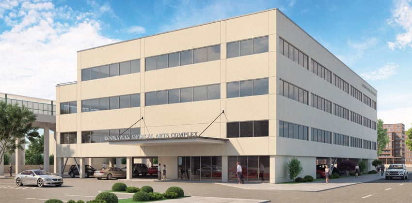 Rendering of a modern, four-story medical office building with large windows and a sign reading Rockaway Medical Arts Complex. Several people and cars are outside, with landscaping and a blue sky in the background.