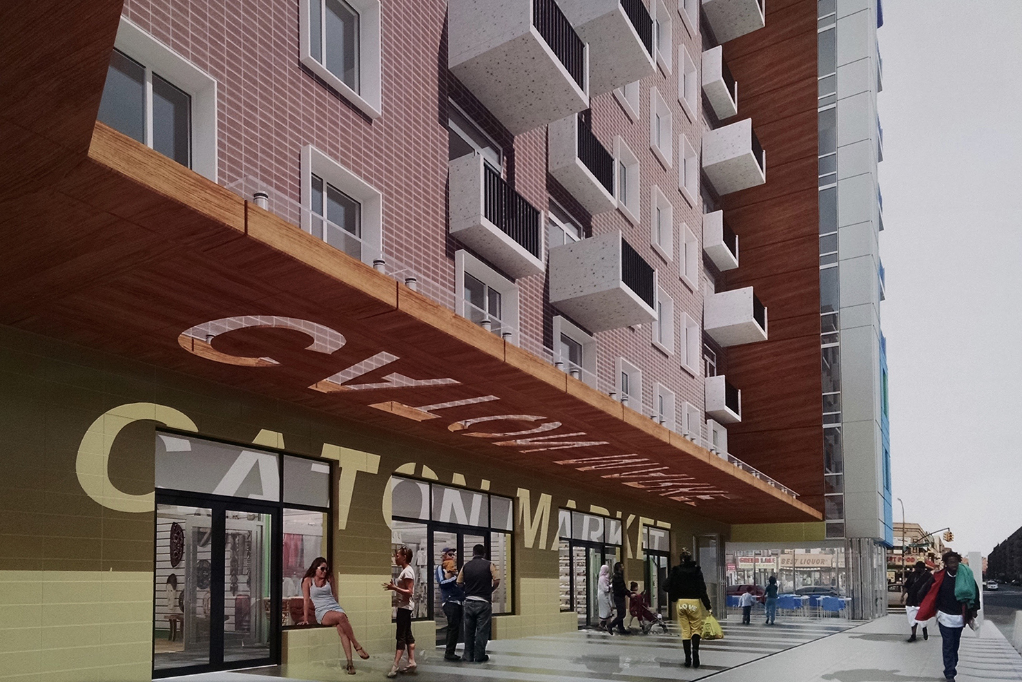 A modern building with balconies and a wooden overhang above the entrance labeled CATON MARKET. People are walking and sitting outside the market on a city street.