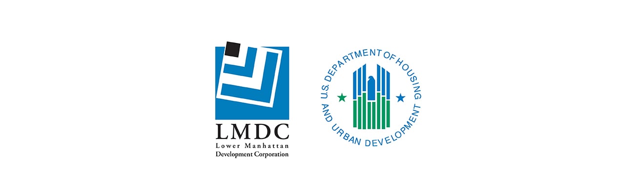 Logos of the Lower Manhattan Development Corporation (LMDC) on the left and the U.S. Department of Housing and Urban Development (HUD) on the right, displayed side by side on a white background.