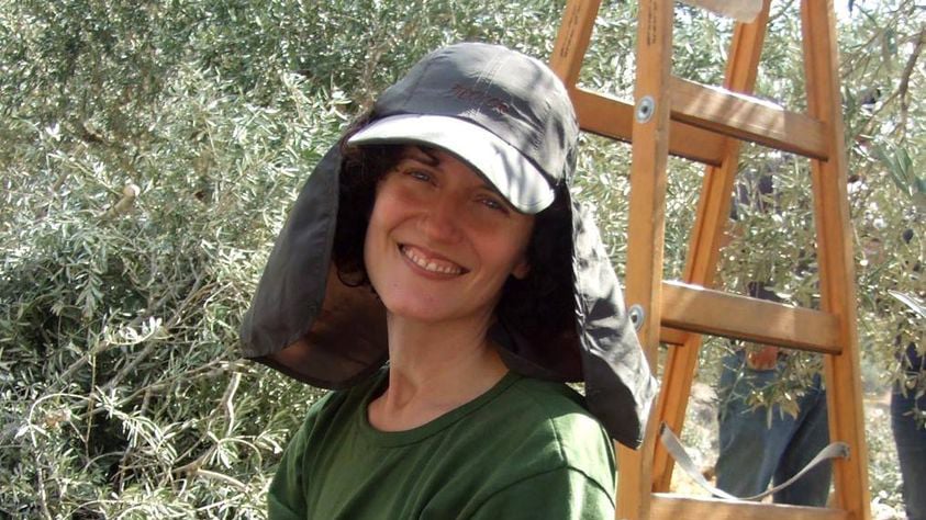 Erin Layton smiling, wearing a wide-brimmed hat with a neck flap, in front of an olive tree. A wooden ladder is visible behind her. She is outdoors under natural sunlight.