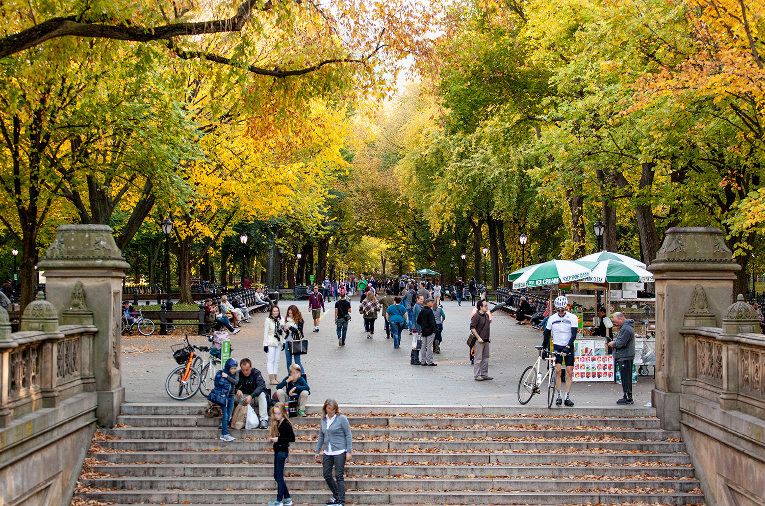 People walk, sit, and socialize along a wide tree-lined path in Central Park during autumn, with green and yellow leaves overhead. Some vendors with carts are visible, and groups gather on benches and stairs.
