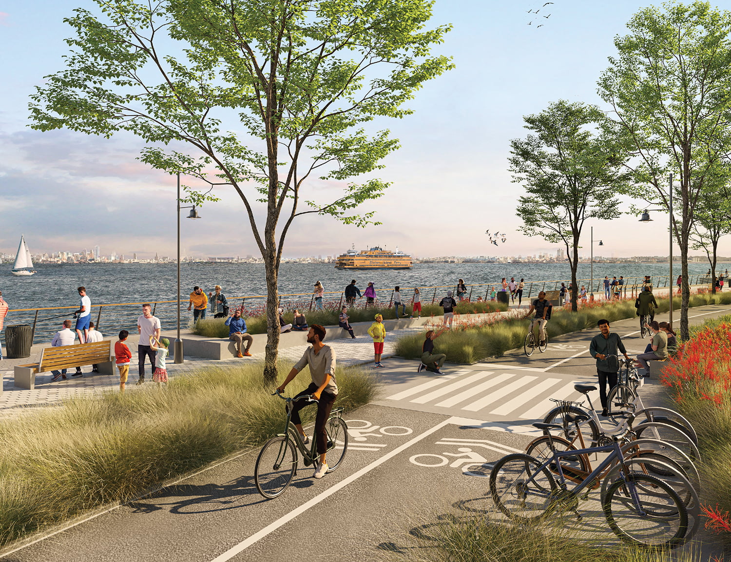 People enjoy St. George Esplanade by the waterfront with walking and biking paths. Bicycles are parked nearby, and Staten Island Ferry is seen on the water. Trees and grassy areas surround the scene, with an NYC skyline visible in the distance.