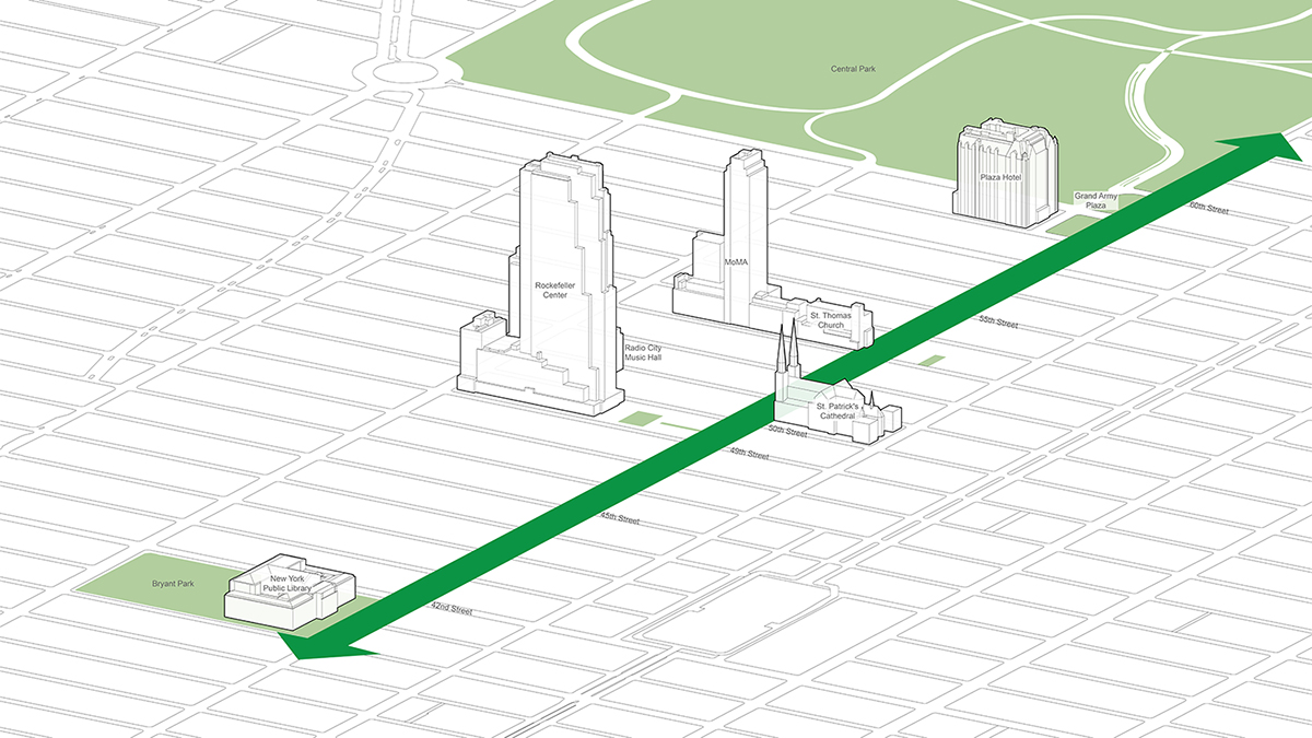Isometric map showing a green arrow route from Bryant Park through Midtown landmarks, including Rockefeller Center and St. Patrick’s Cathedral, ending at Central Park in New York City.