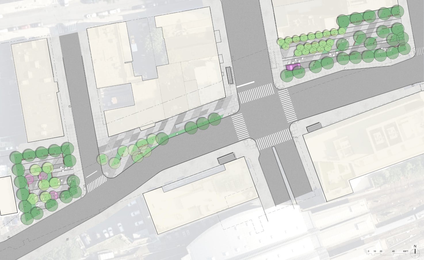 Site plan rendering of Station Plaza with crosswalks and buildings. Green circles represent trees and landscaped areas along sidewalks, mainly concentrated at corners and sides of the streets.