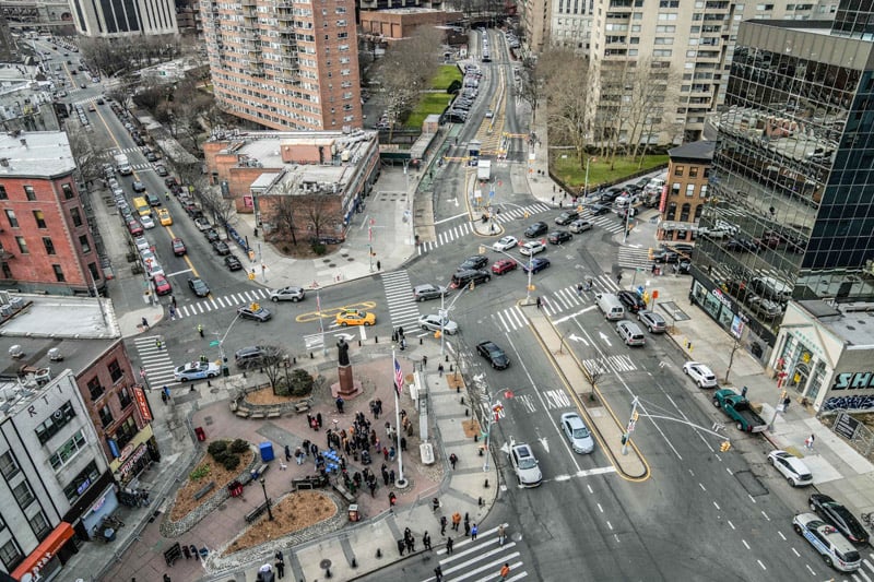 Aerial view of Chatham/Kimlau Square in New York City's Chinatown.