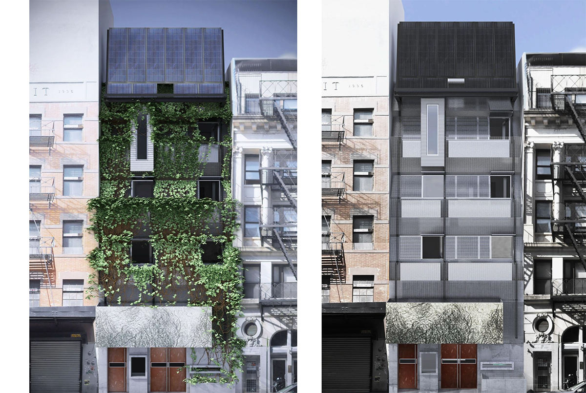 Rendering of the new exterior of ABC No Rio. Side-by-side images of a modern Lower East Side, Manhattan building: the left version is covered in green vines and plants, while the right version shows the same building’s facade without greenery, displaying metal grates and a dark roof.