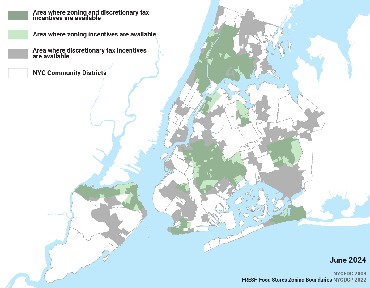 FRESH Eligibility Areas in New York City map as of June 2024. Green areas indicate where zoning and tax incentives are available, gray for zoning incentives only, and light gray for tax incentives only. Community districts are outlined.