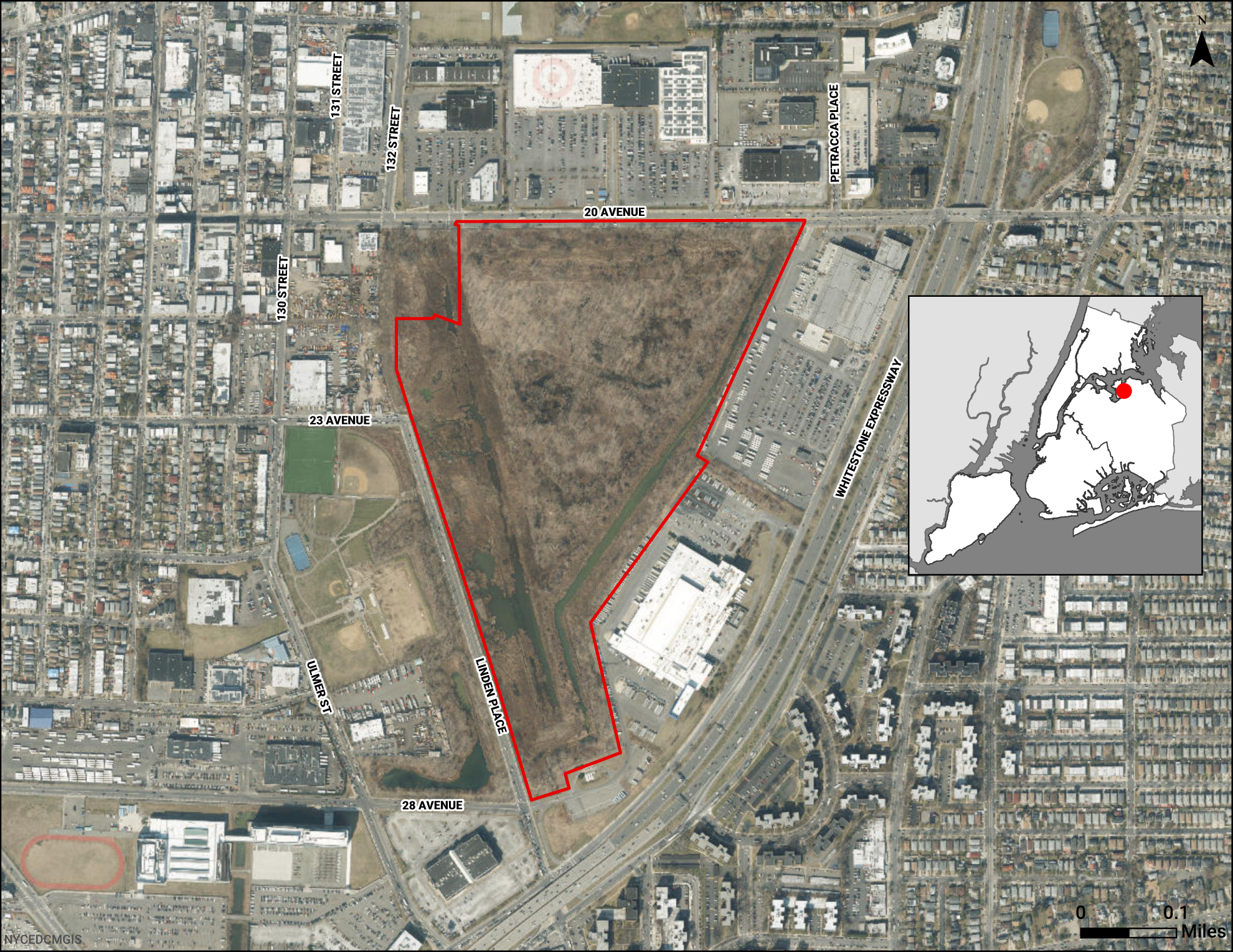 Aerial map view of Former Flushing Airport with a large, triangular, brown patch outlined in red. Inset map shows location in New York City. Roads and buildings surround the outlined area.