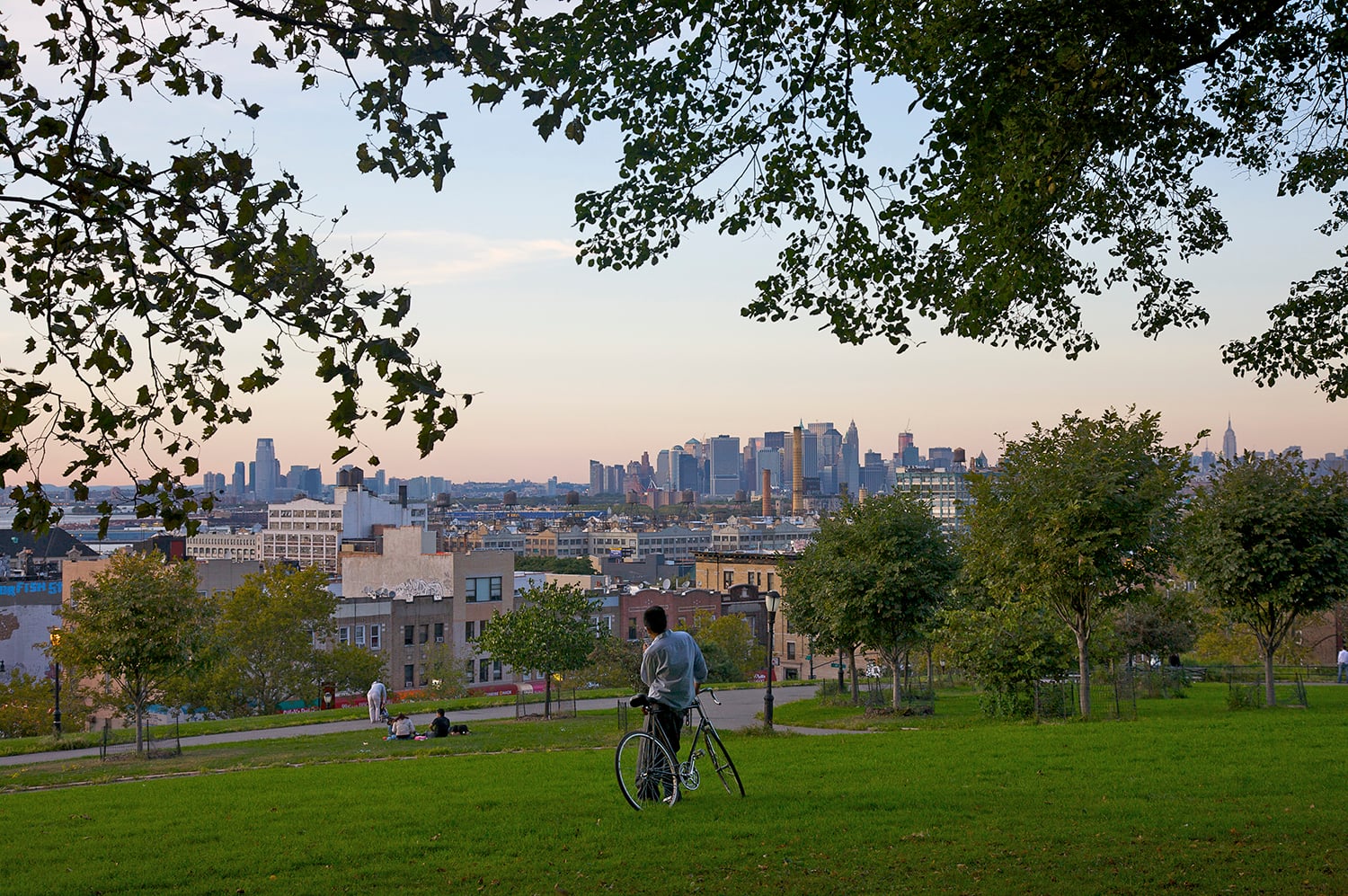 A person with a bicycle stands on a grassy hill in Sunset Park, overlooking a New York City skyline under a clear sky. Trees frame the scene.