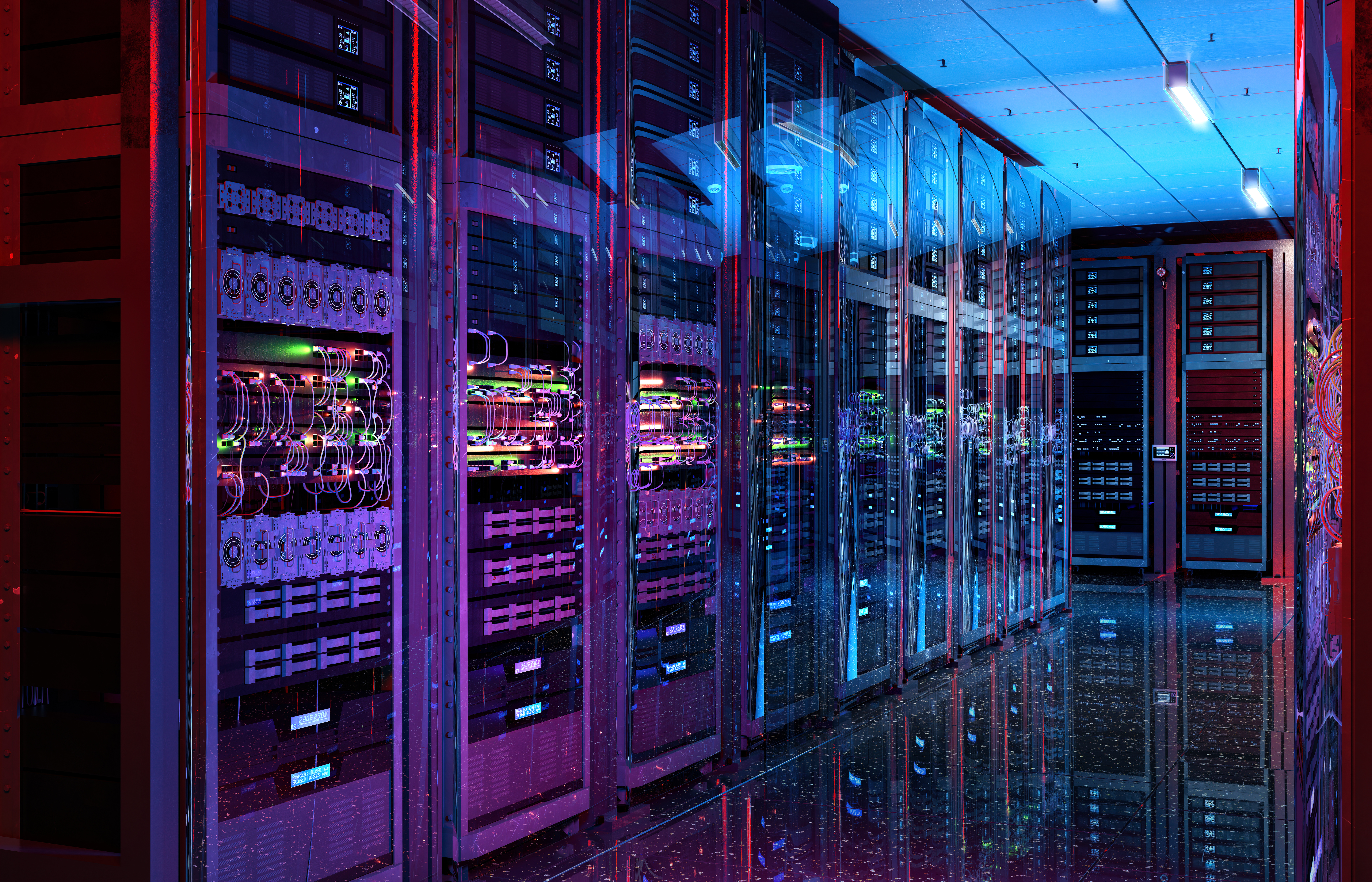 A modern server room with multiple server racks on either side. The racks are filled with cables and illuminated by colorful LED lights, casting a vibrant glow on the reflective floor. The ceiling has bright overhead lights.