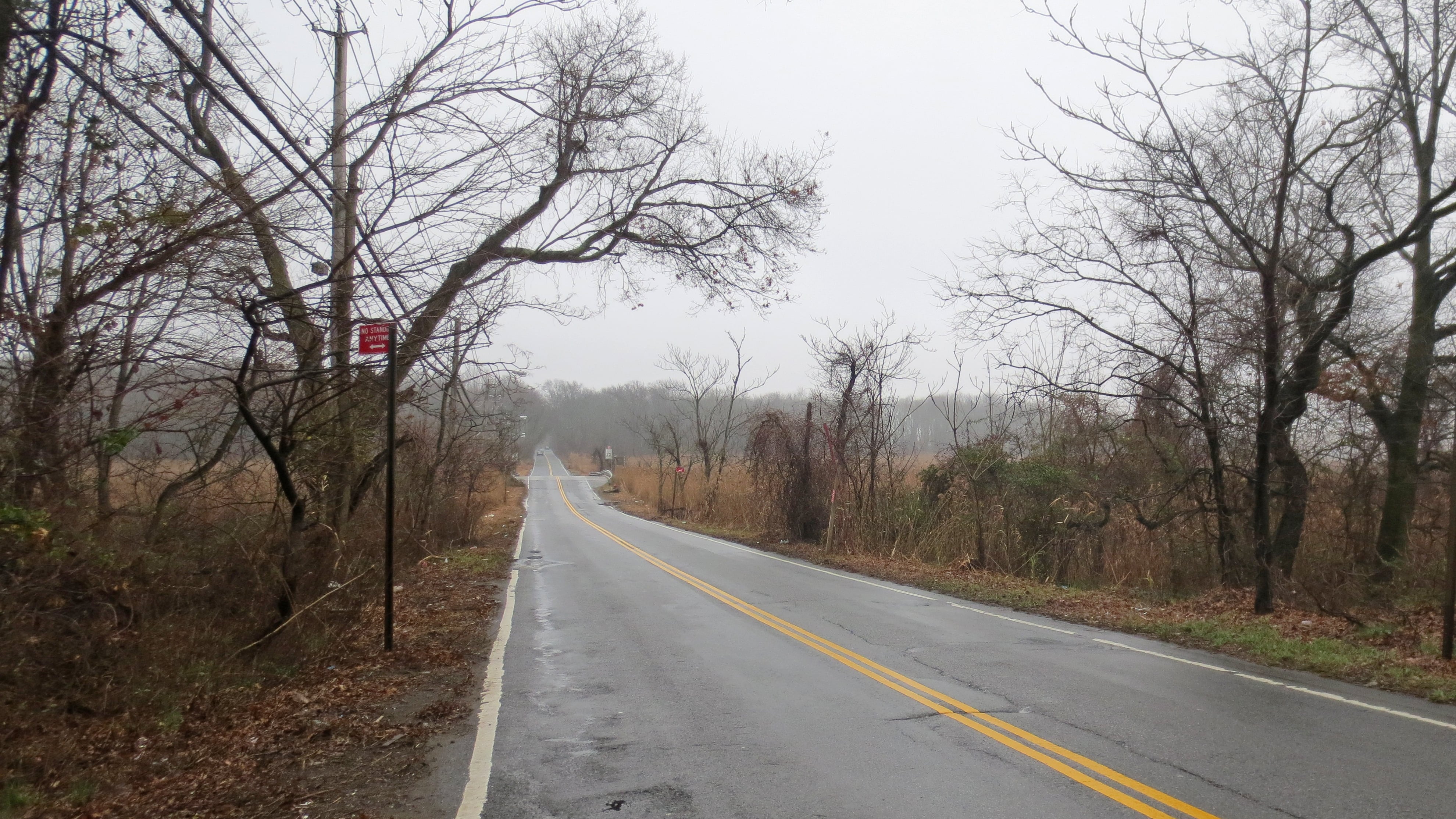 A deserted two-lane road stretches into the distance on a cloudy day. Bare trees line both sides, and a red sign is visible on the left. The scene conveys a quiet, overcast atmosphere.