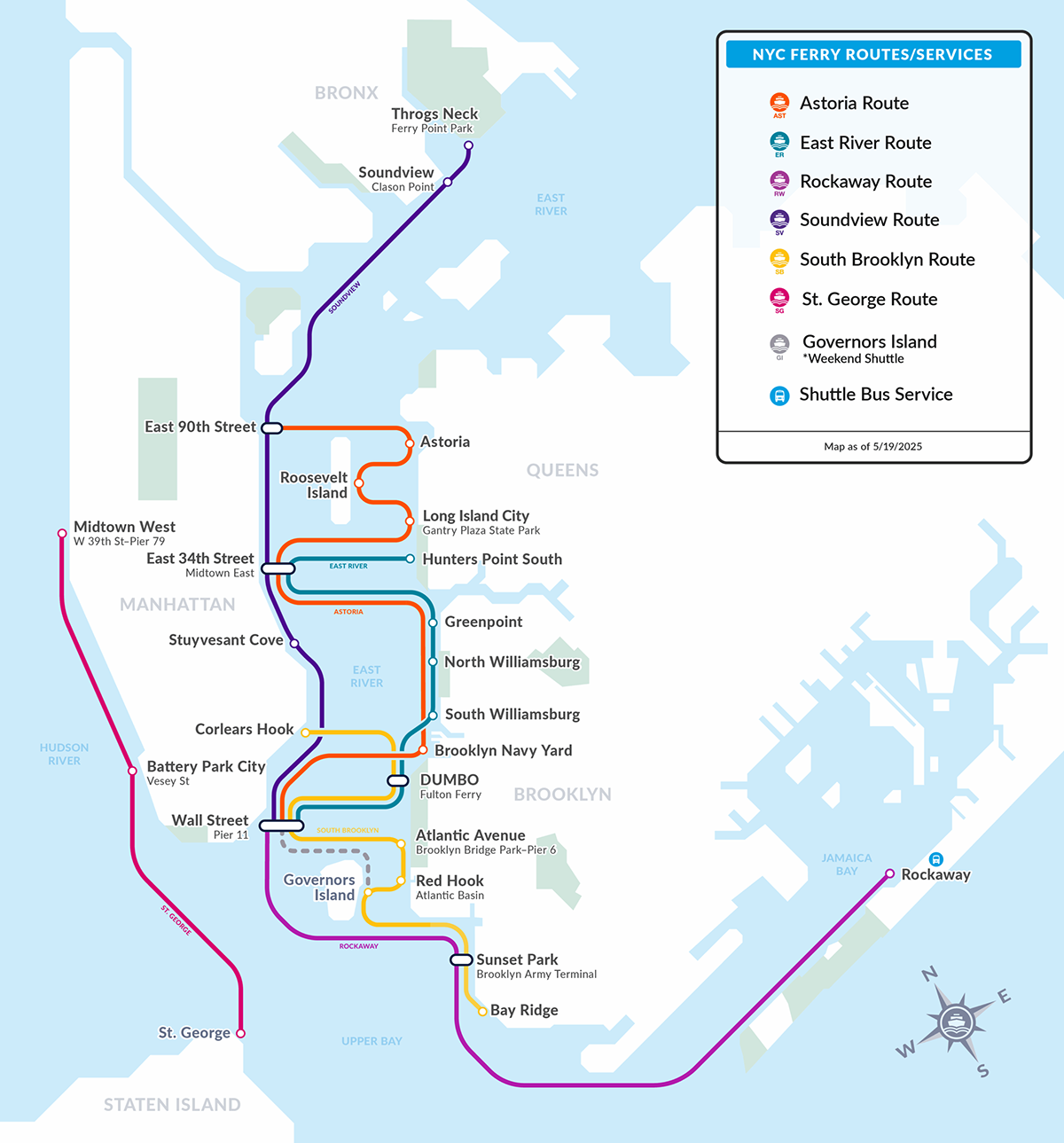 Map of NYC Ferry routes and stops across Manhattan, Brooklyn, Queens, Bronx, and Staten Island, showing each route in a different color with labeled piers, neighborhoods, and a legend for route names.