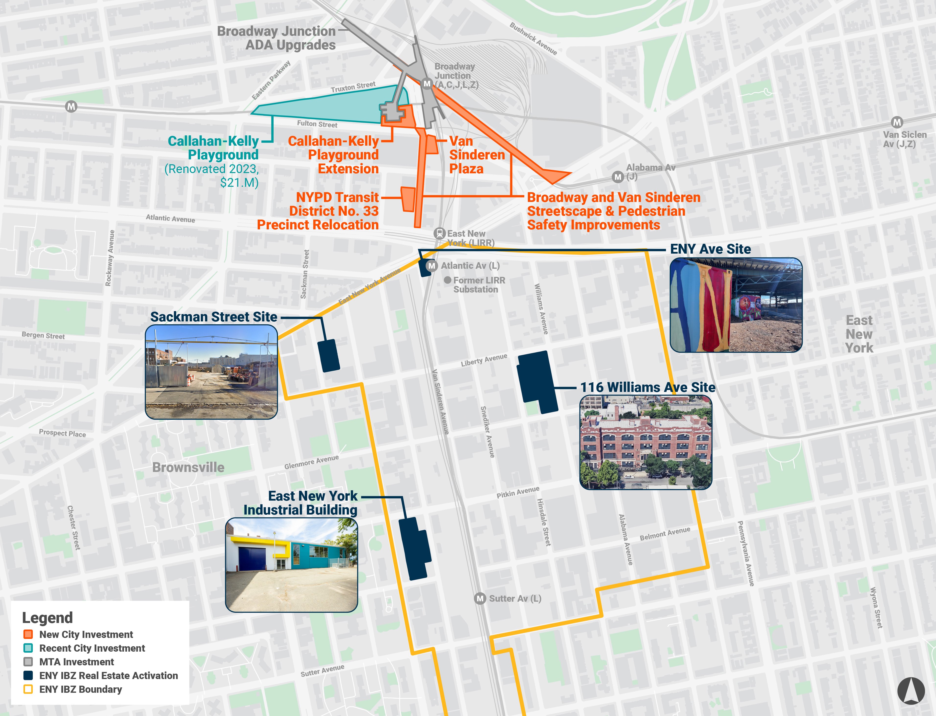 Map of East New York and Broadway Junction highlights sites for new city investments, park upgrades, street improvements, and real estate activation with color-coded lines and photos marking specific locations and projects.