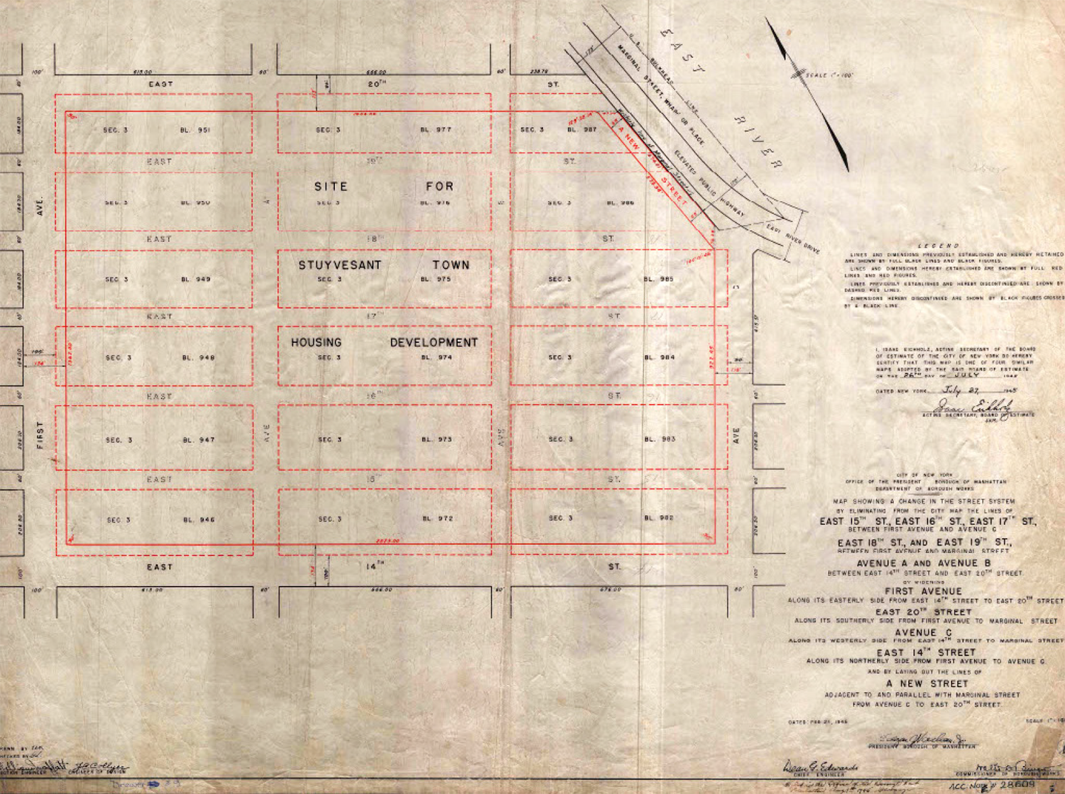Vintage site map showing the planned layout for the Stuyvesant Town Housing Development in Manhattan, with blocks labeled as sections, streets, and avenues named and a dashed red outline marking the development boundary.