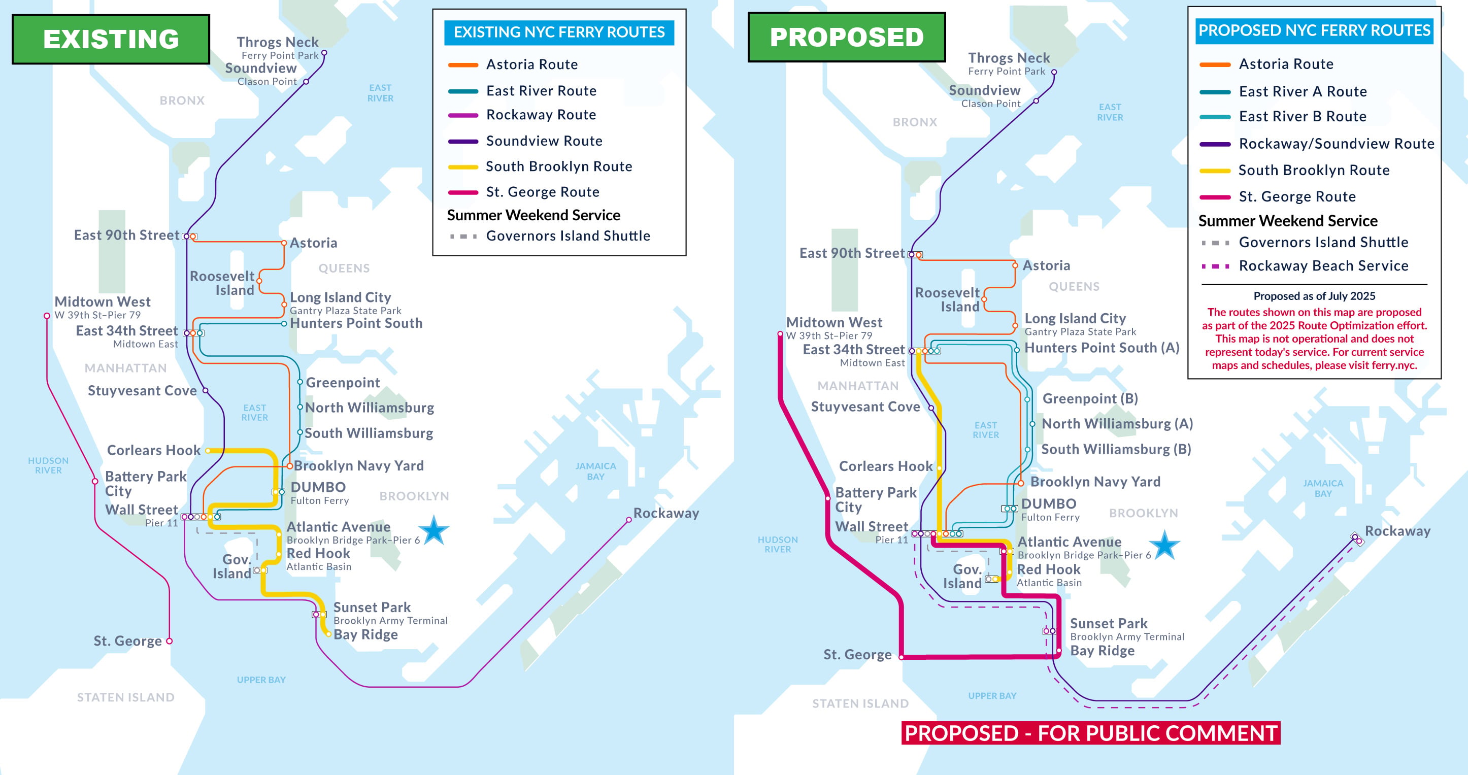 Side-by-side maps of NYC ferry routes: the left shows existing routes, the right shows proposed changes. Routes are color-coded and cover areas in Manhattan, Brooklyn, Queens, and the Bronx, with differences in route paths.