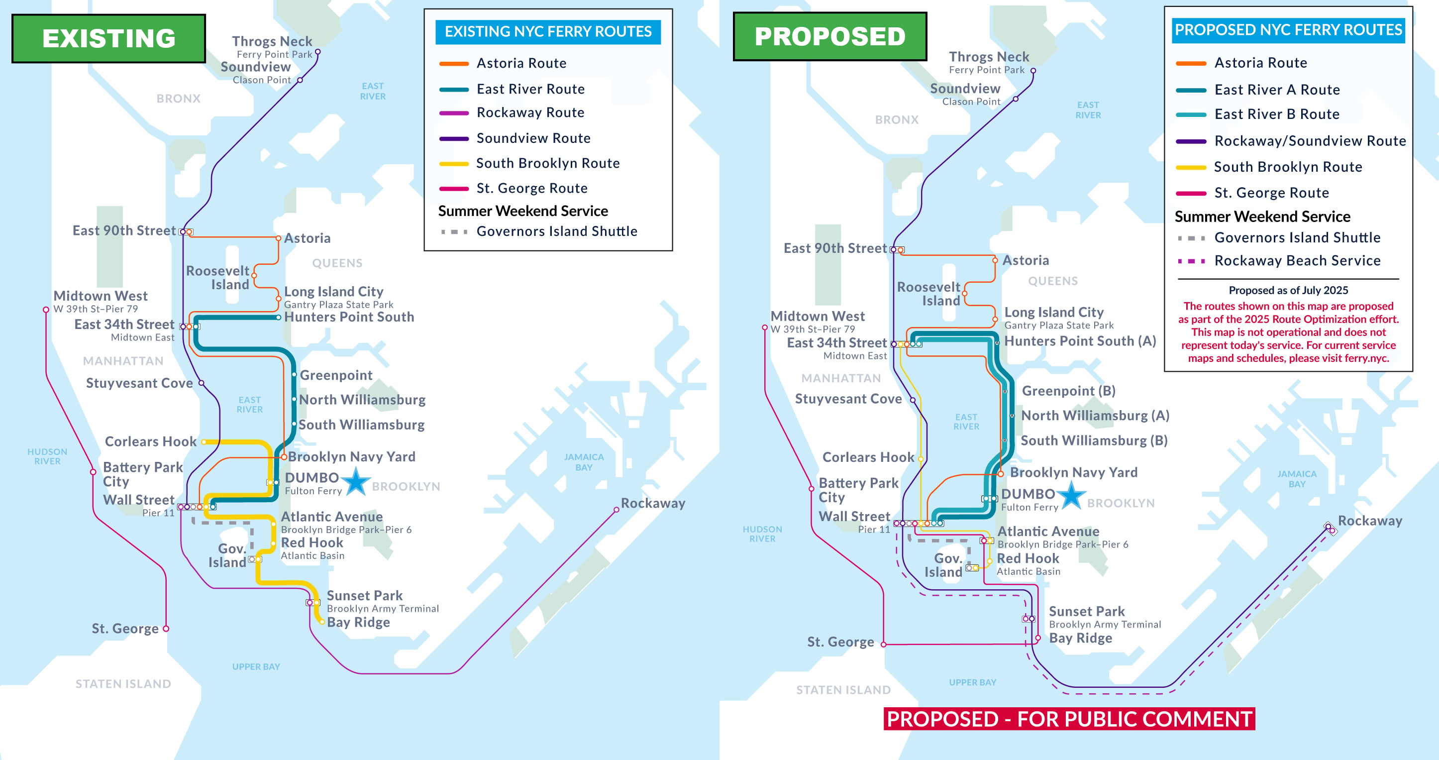 Side-by-side maps compare existing and proposed NYC ferry routes, with color-coded lines showing service changes across Manhattan, Brooklyn, Queens, and Staten Island. The proposed map highlights adjusted and new ferry routes.
