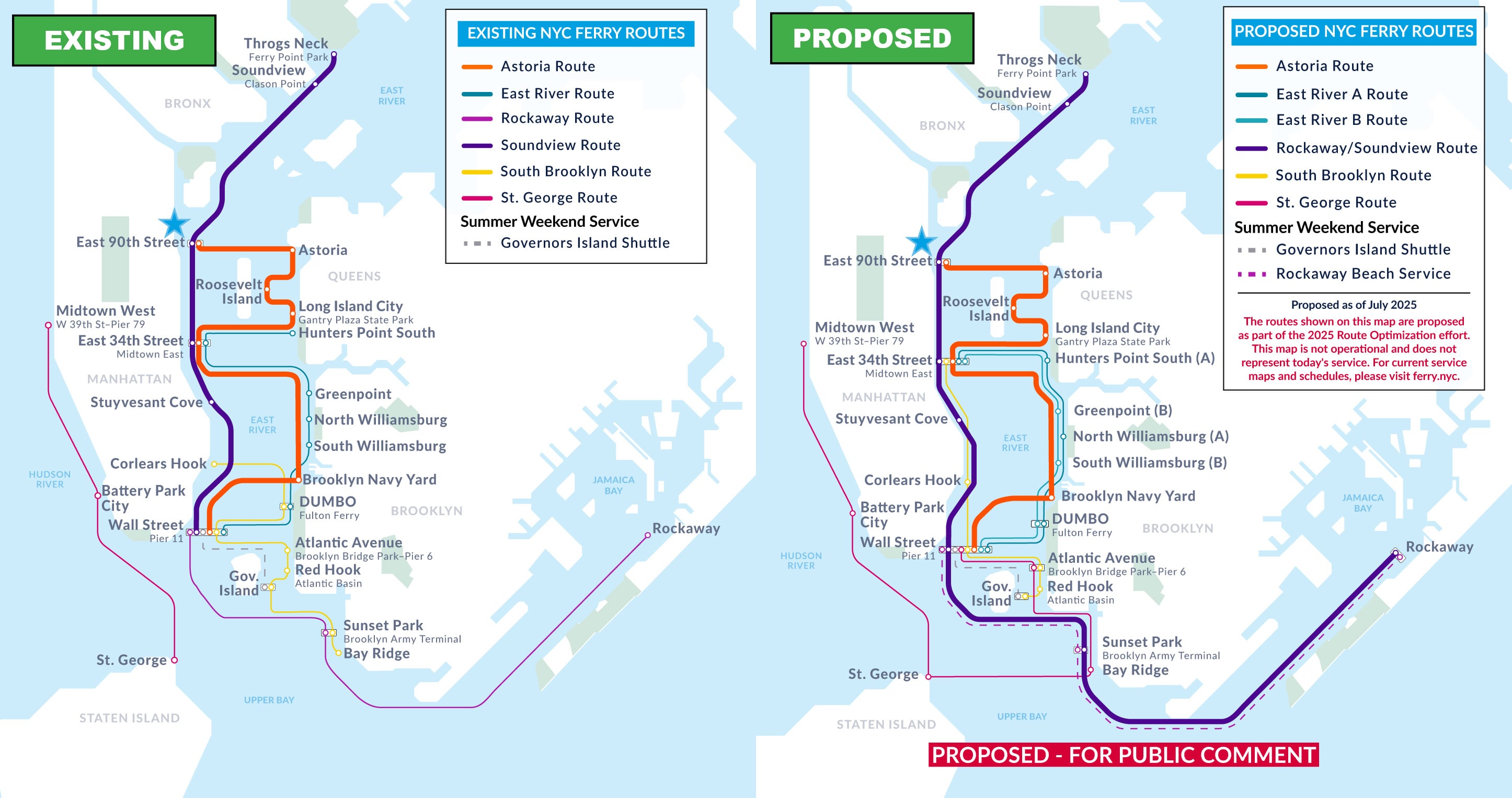 Side-by-side maps compare existing and proposed NYC ferry routes, highlighting added and altered lines in Brooklyn, Manhattan, Queens, and Staten Island, with color-coded routes and labeled ferry stops.