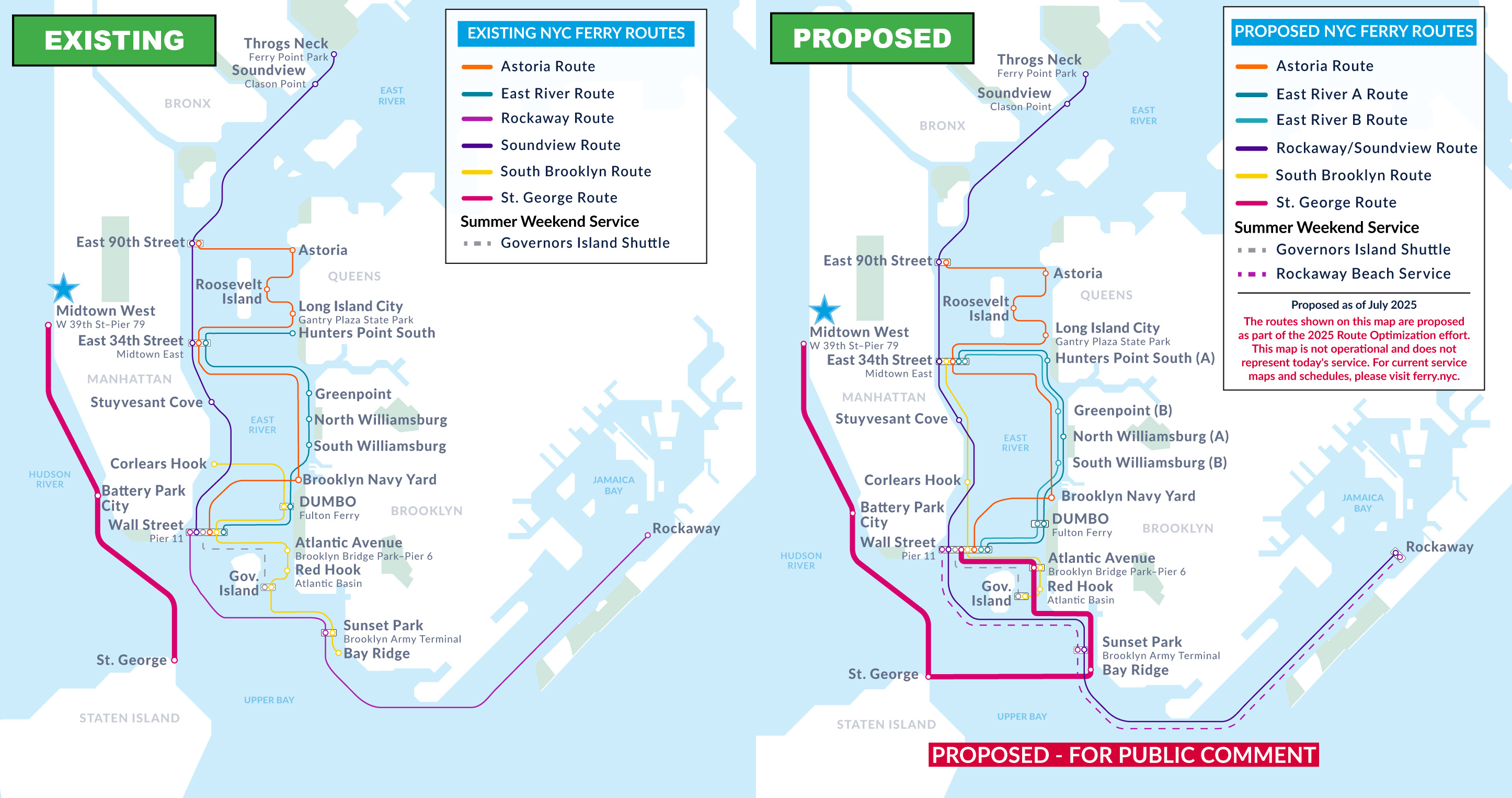 Side-by-side maps of NYC ferry routes: the left map shows existing routes, and the right map displays proposed changes with additional stops and new route colors labeled in the map’s legend.
