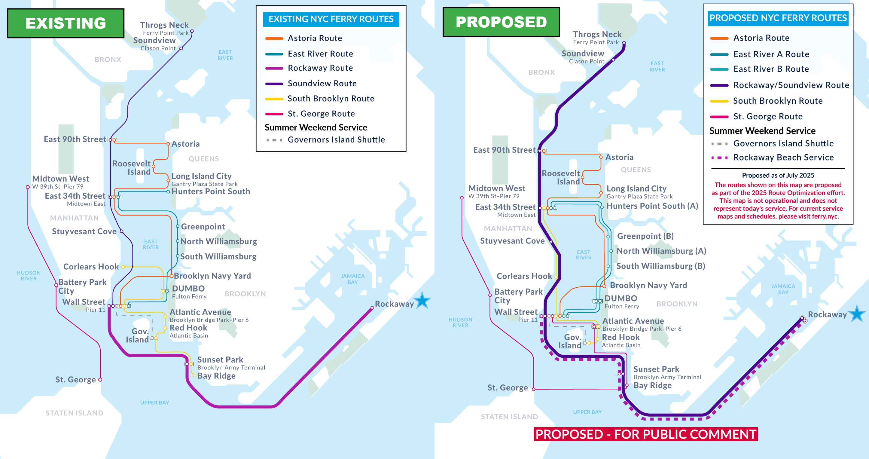 Side-by-side maps of New York City show existing and proposed NYC ferry routes, with color-coded lines and stops across Manhattan, Brooklyn, Queens, the Bronx, and Staten Island. Proposed map includes new and modified routes.