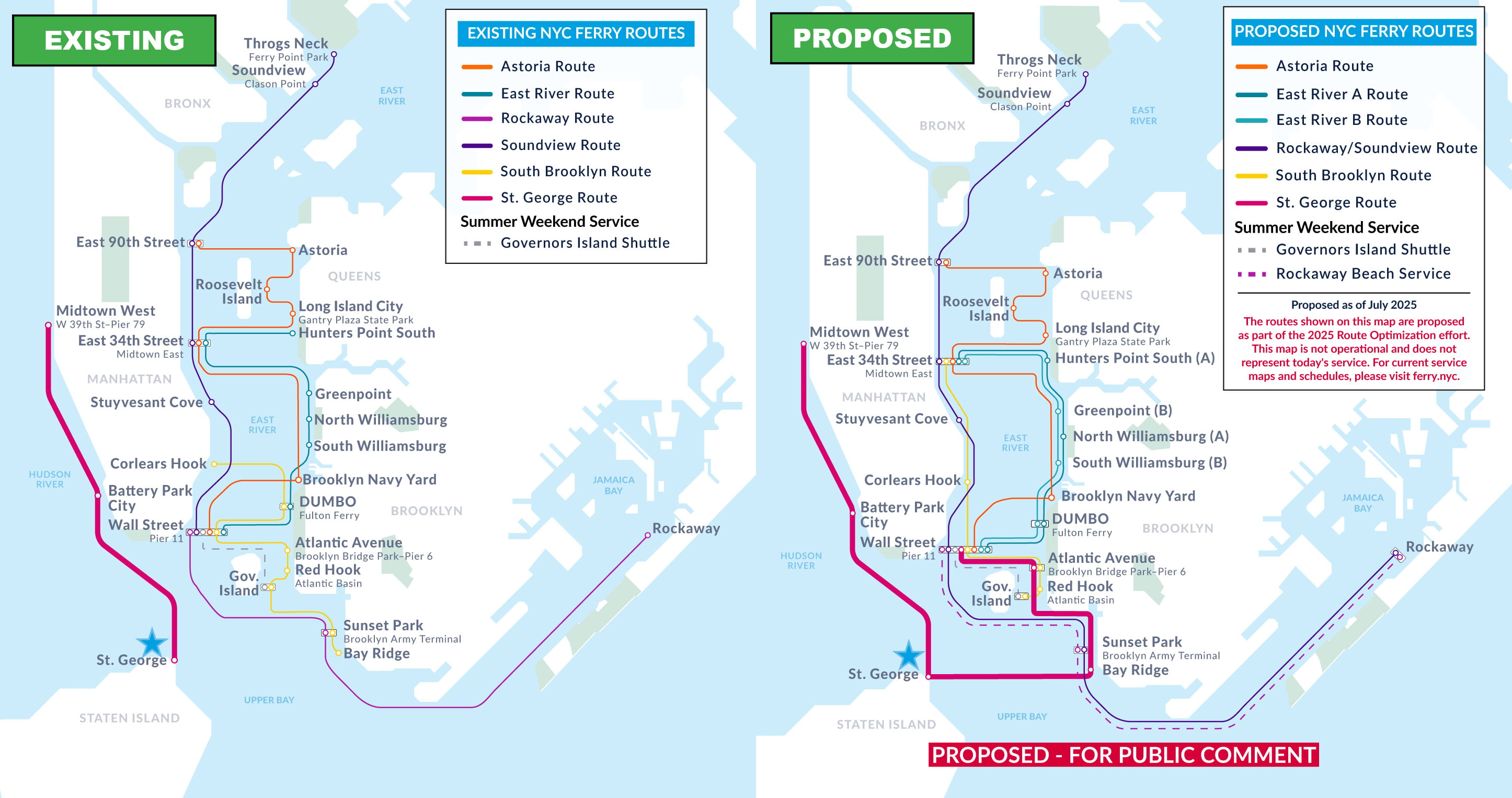 Side-by-side maps comparing existing and proposed NYC ferry routes. Both maps show colored ferry lines connecting Manhattan, Brooklyn, Queens, and the Bronx, with new route extensions highlighted on the proposed map.