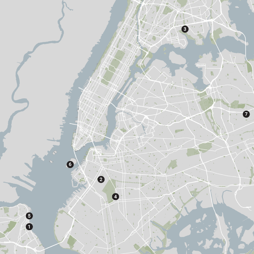 Stylized map of New York City and nearby areas, showing major roads, parks, and water bodies, with numbered black markers at eight locations across Manhattan, Brooklyn, and nearby boroughs.