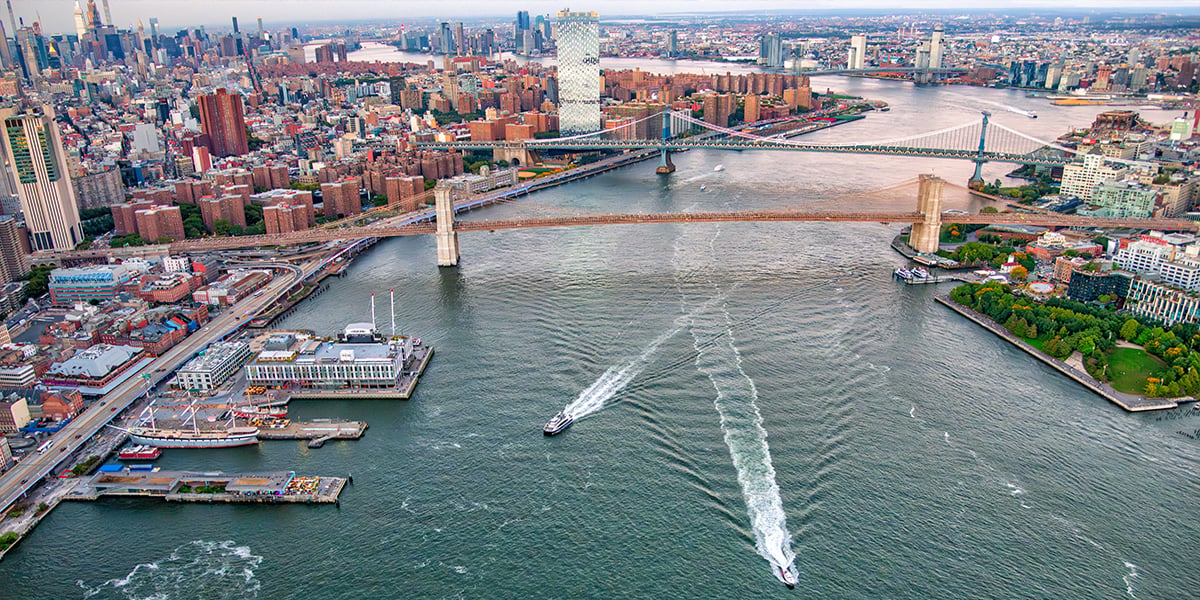 The Brooklyn and Manhattan Bridges spanning the East River between Lower Manhattan and Brooklyn, New York City, 