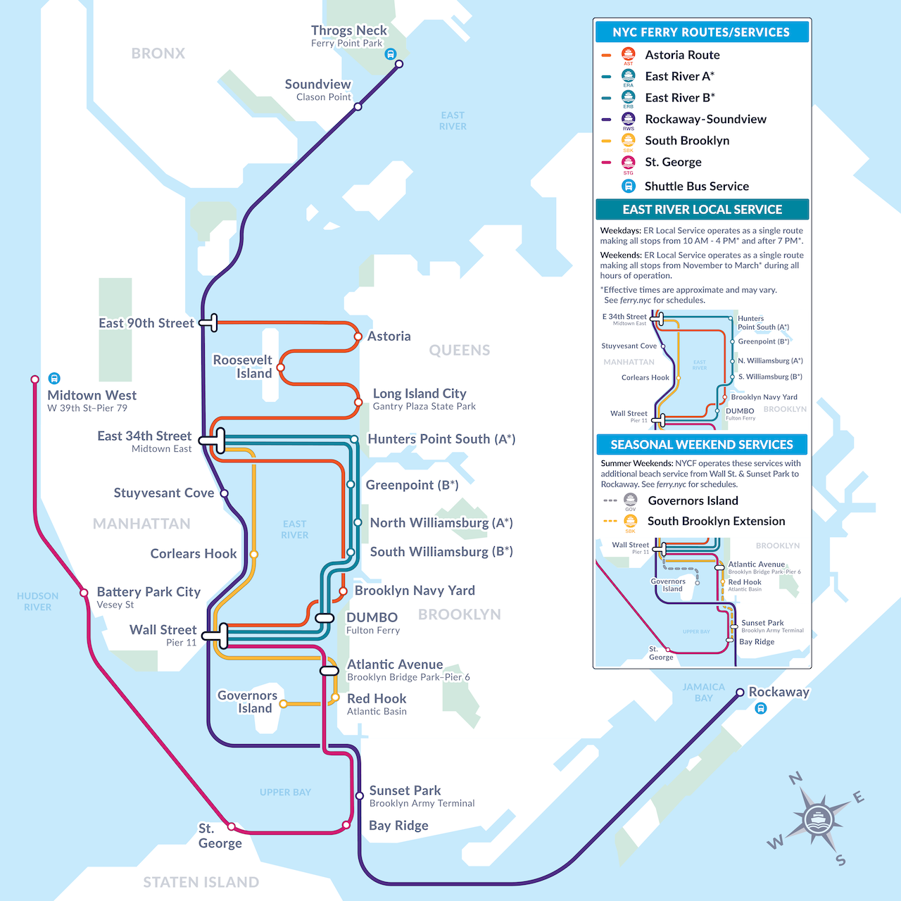 Map of NYC Ferry routes showing colored lines for East River, Astoria, Soundview, South Brooklyn, and seasonal routes. Icons mark key stops in Manhattan, Brooklyn, Queens, and the Bronx. A legend explains routes and stops.