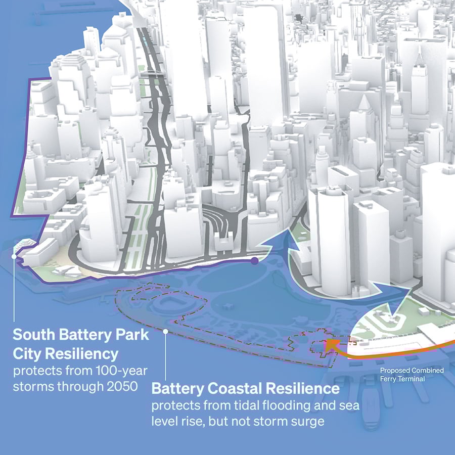 3D map of Lower Manhattan shows two highlighted zones: South Battery Park City Resiliency (protects from 100-year storms through 2050) and Battery Coastal Resilience (protects from tidal flooding and sea level rise).