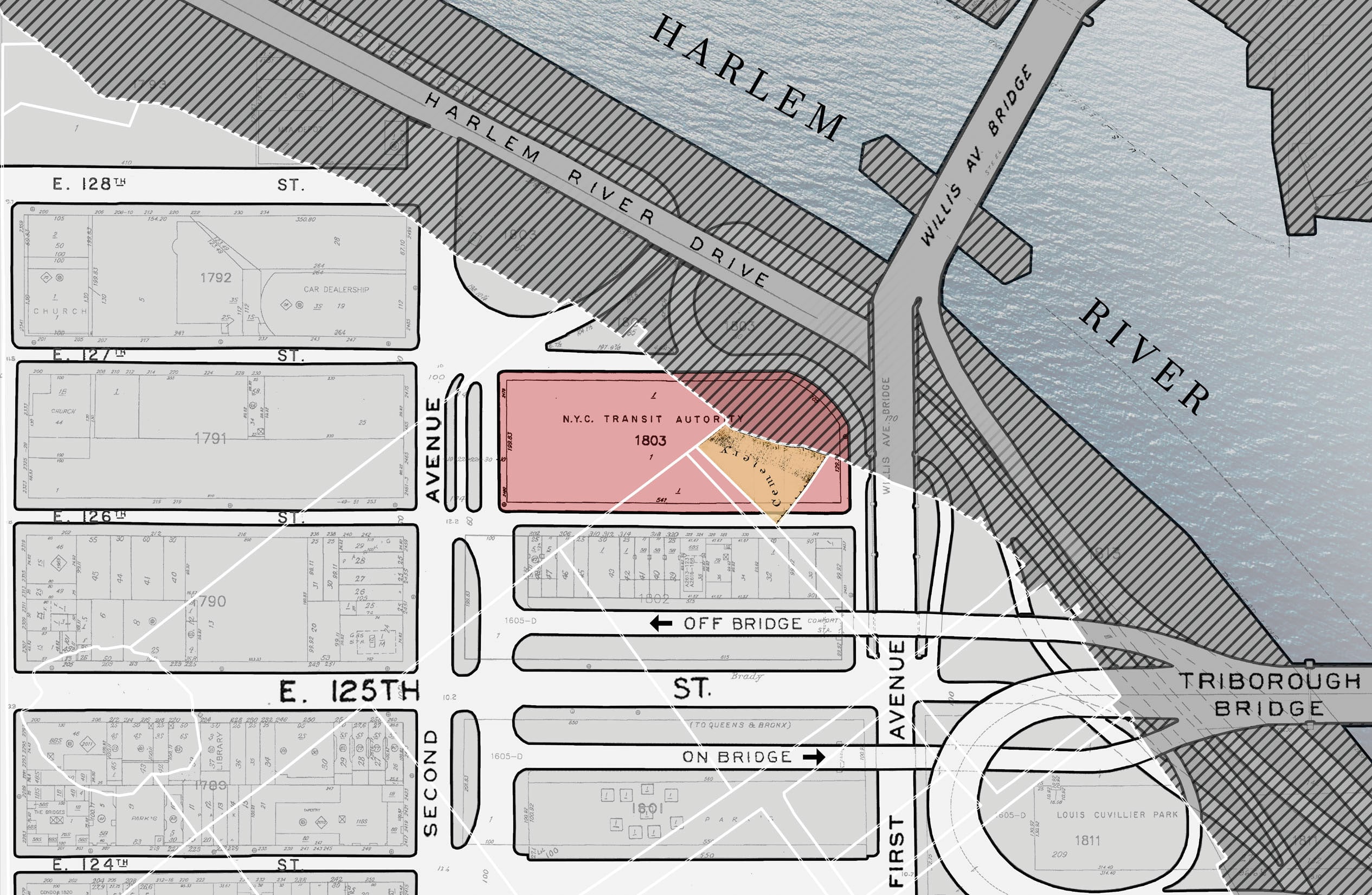 A map highlighting the NYC Transit Authority at 1803 First Avenue near the Harlem River and Kennedy Bridge, with nearby streets and water clearly labeled.