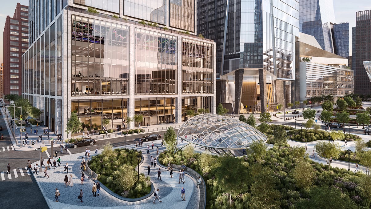 Rendering of Hudson Yards by Related Oxford. A bustling urban plaza with modern skyscrapers in the background. People walk along landscaped paths featuring greenery and unique glass structures. The scene is vibrant, showcasing a mix of nature and architecture under a clear sky.