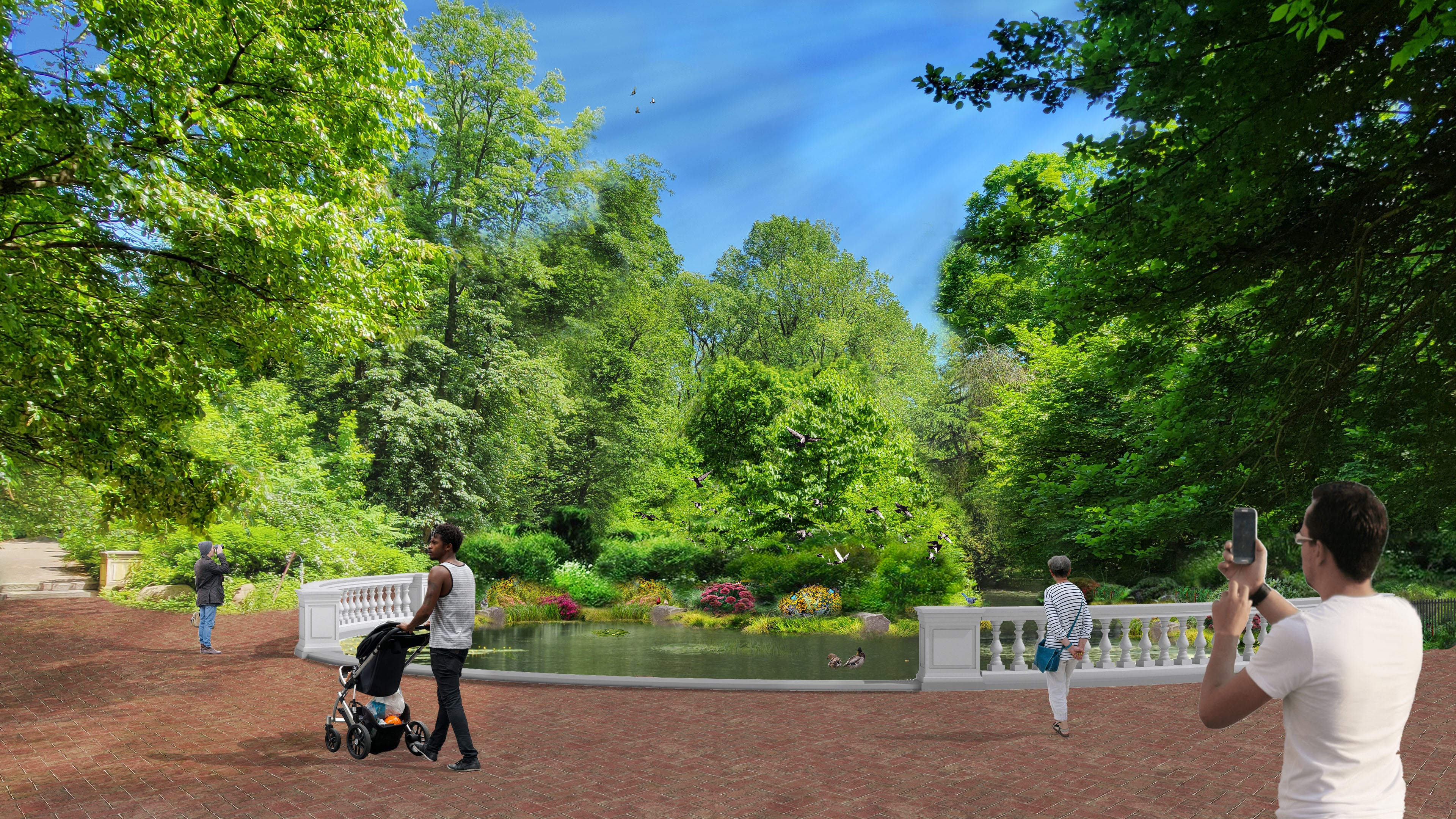 Rendering of people strolling and relaxing near a pond in a lush, green park. Trees and bushes surround the water, and ducks swim in the pond. A person pushes a stroller, another takes a photo, and others enjoy the scenery.