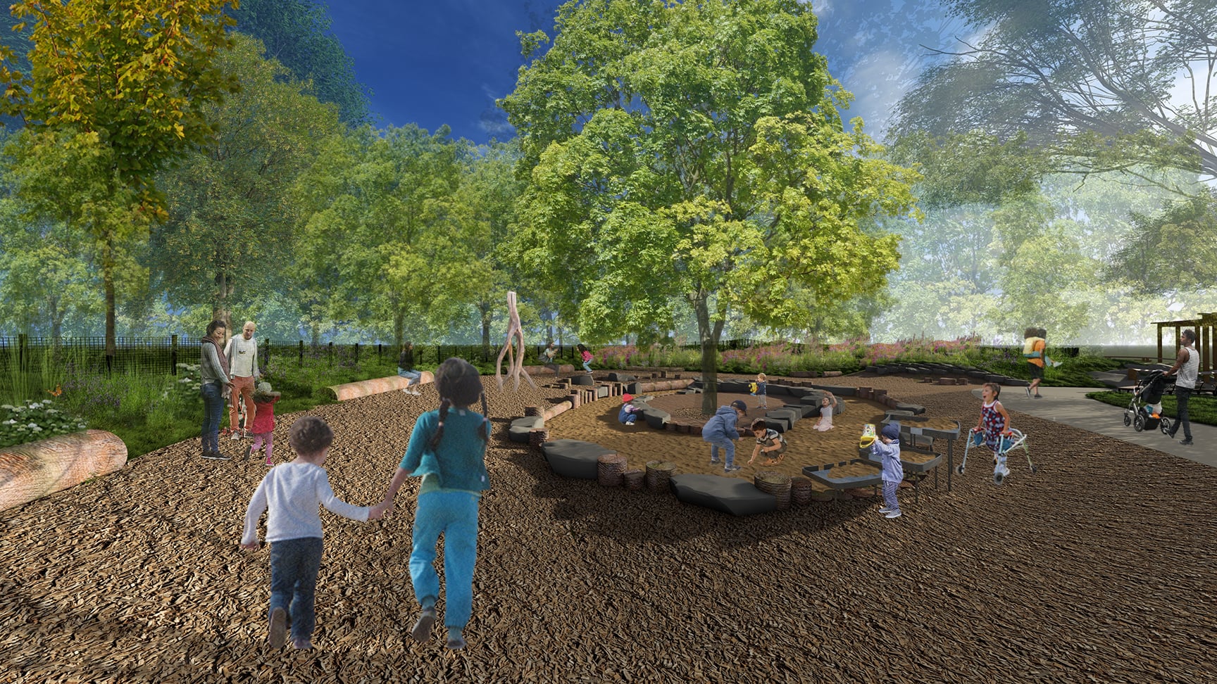 Rendering of children playing in a natural playground with large trees, wooden structures, and sand pits, while adults watch nearby. The area is surrounded by greenery and sunlight filters through the leaves.