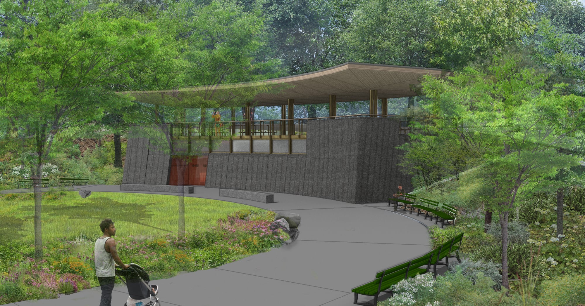 Rendering of a man pushing a stroller while walking on a path toward a modern building with a sloped roof, surrounded by lush green trees, benches, and landscaped gardens in a park setting.