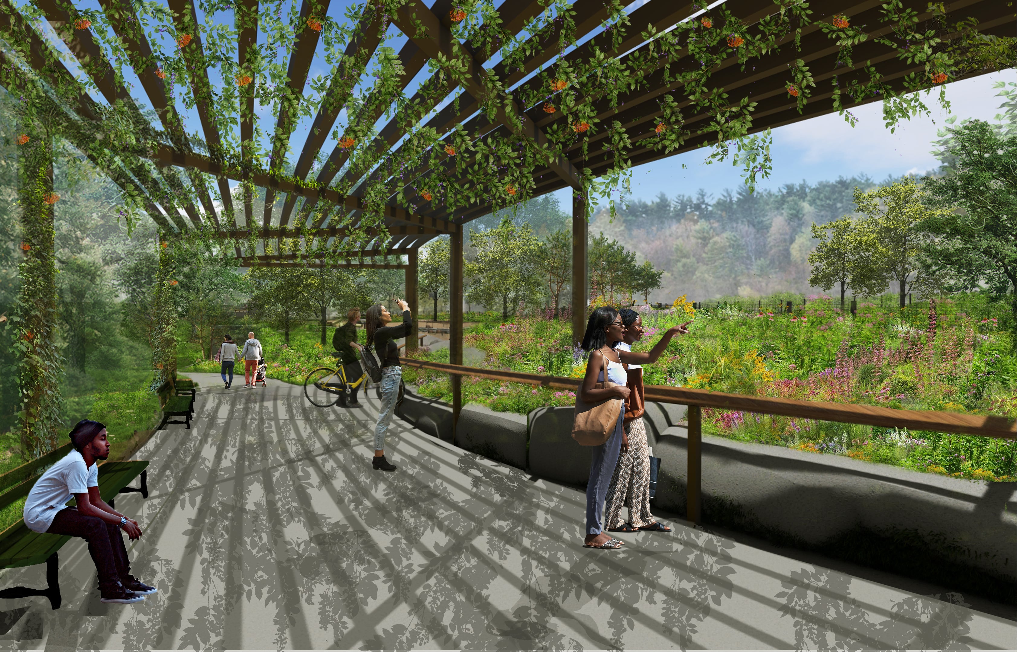 Rendering of people standing and sitting under a wooden pergola with vines, overlooking a lush green park with trees and wildflowers. Some take photos or point at the view. Sunlight casts shadows through the pergola roof.