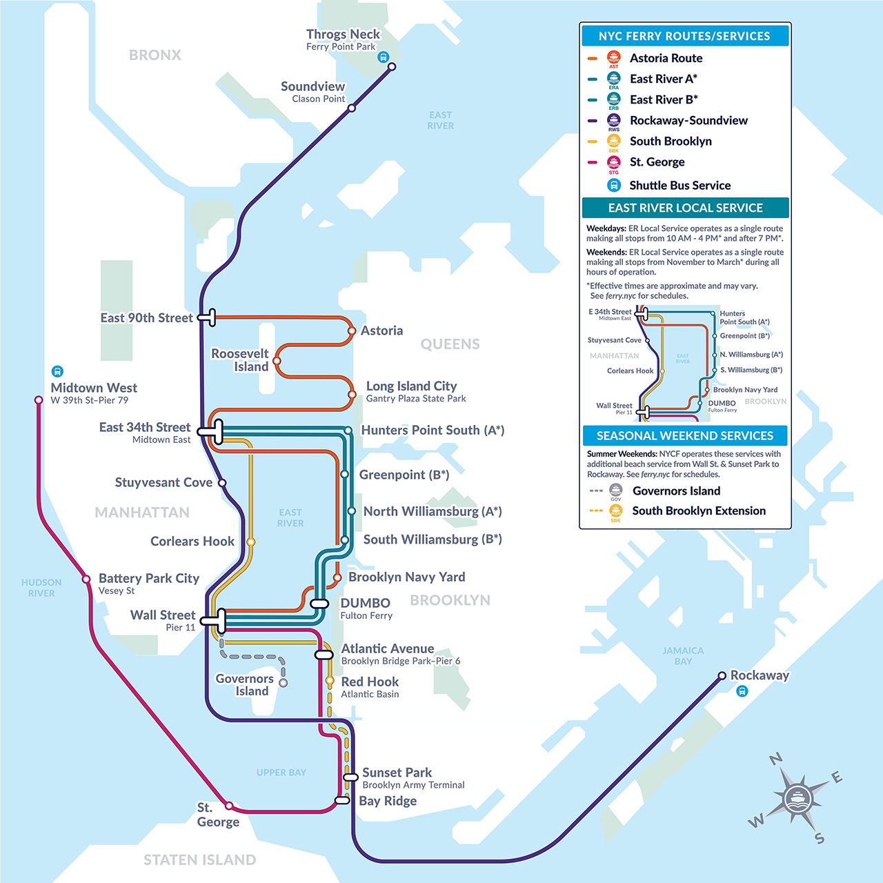 Map of NYC ferry routes connecting Manhattan, Brooklyn, Queens, and Staten Island, with a legend detailing route names, service schedules, and landing locations.