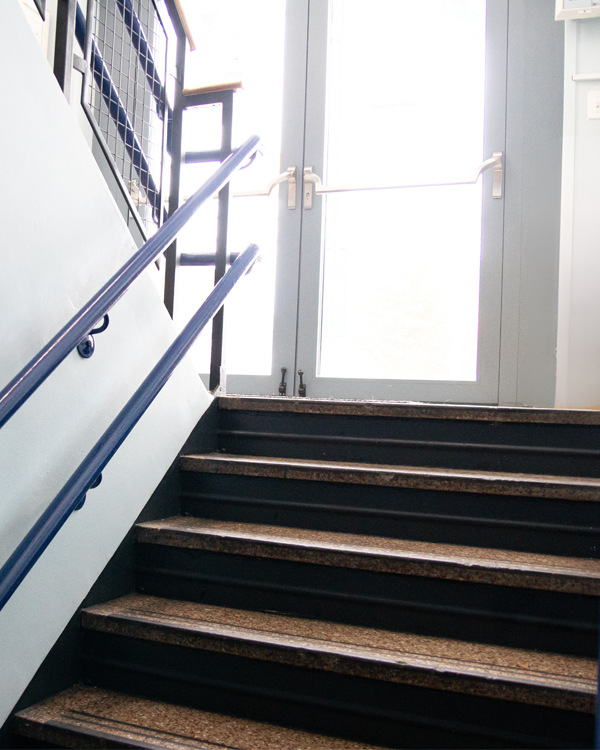 A staircase with dark steps and blue handrails leads up to a closed glass door with a horizontal push bar. Bright light shines through the door, partially obscuring the view outside.