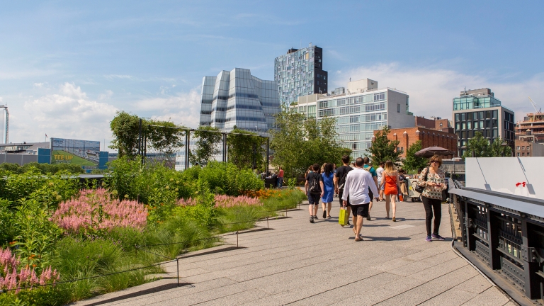 People walking on the High Line, a linear park in New York City. The walkway is lined with green plants and colorful flowers, with modern buildings in the background under a clear blue sky.