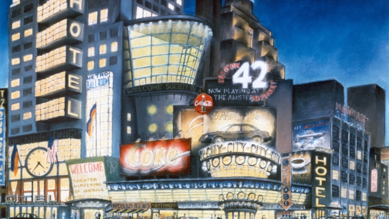 Design vision for 42nd Street, on the southwest corner of 42nd and 7th Avenues. The site that would eventually be developed into what is today Five Times Square. Credit: Robert A.M. Stern Architects Design vision for 42nd Street, on the southwest corner of 42nd and 7th Avenues. The site that would eventually be developed into what is today Five Times Square. Credit: Robert A.M. Stern Architects