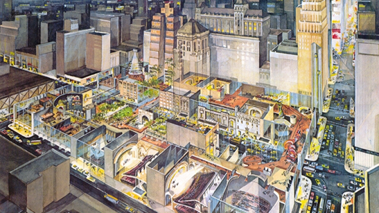 “The City at 42nd Street” was a vision for an entertainment-themed development on 42nd Street. This option was presented to Mayor Koch as a solution to the troubles on 42nd Street. He chose to take another path. Image: Chermayeff & Geismar & Haviv. “The City at 42nd Street” was a vision for an entertainment-themed development on 42nd Street. This option was presented to Mayor Koch as a solution to the troubles on 42nd Street. He chose to take another path. Image: Chermayeff & Geismar & Haviv.