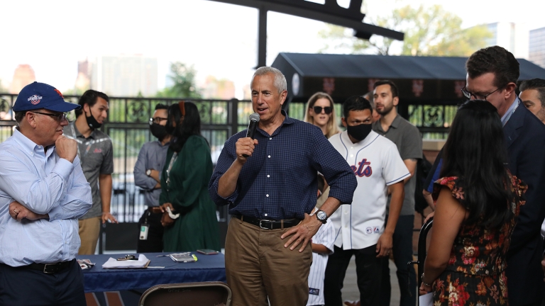 NYCEDC Board Chair Danny Meyer addressing small business owners in Queens at Citi Field