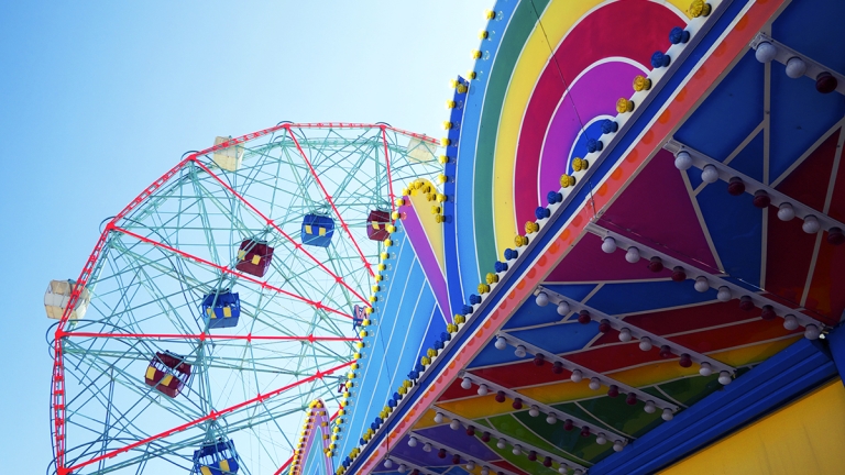 Colorful amusement park carnival architecture at Coney Island in Brooklyn, New York
