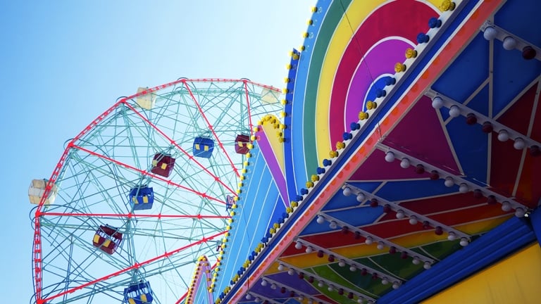 Colorful amusement park carnival architecture at Coney Island in Brooklyn, New York Colorful amusement park carnival architecture at Coney Island in Brooklyn, New York