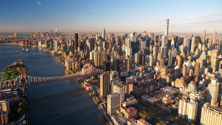 Aerial view of Manhattan&#039;s east side looking south with the 59 street bridge