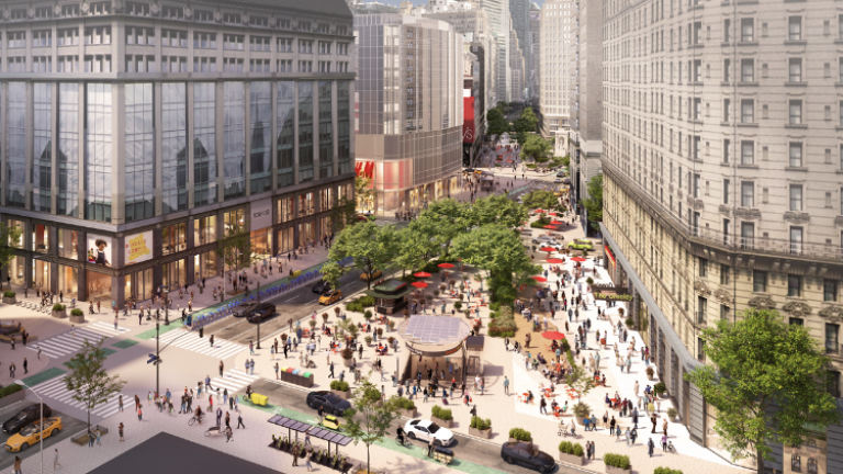 Conceptual rendering from the “‘New’ New York: Making New York Work for Everyone" report. A bustling urban street scene with tall buildings, a busy intersection, and a tree-lined pedestrian plaza filled with people. The area is vibrant with shops, outdoor seating, and greenery, creating an inviting city atmosphere. Conceptual rendering from the “‘New’ New York: Making New York Work for Everyone" report. A bustling urban street scene with tall buildings, a busy intersection, and a tree-lined pedestrian plaza filled with people. The area is vibrant with shops, outdoor seating, and greenery, creating an inviting city atmosphere.