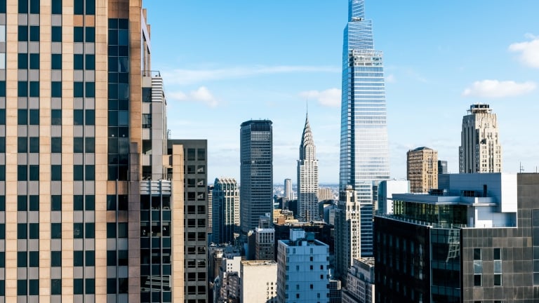 An image of Manhattan looking east toward the Chrystler Building in midtown